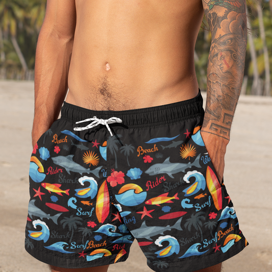 Men's Trunks Surf-Themed Swim Shorts - Colorful Surfboard and Wave Print Quick-Dry Trunks
