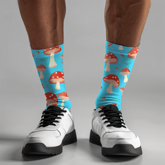 Shroom Socks Blue Cushioned Crew Socks with Mushroom Pattern