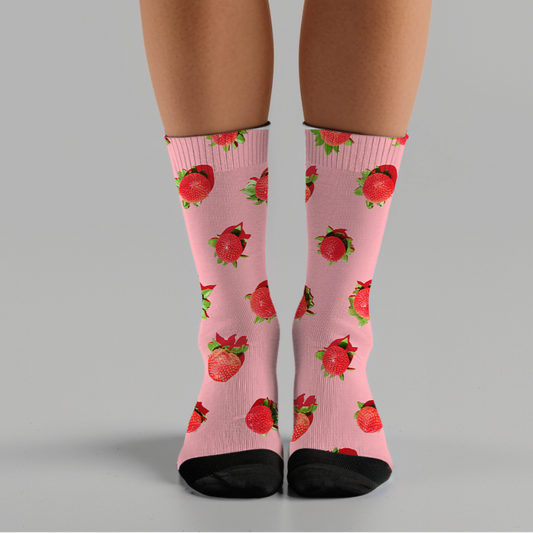Pink Strawberry Pattern Socks: Unisex Cushioned Crew Socks