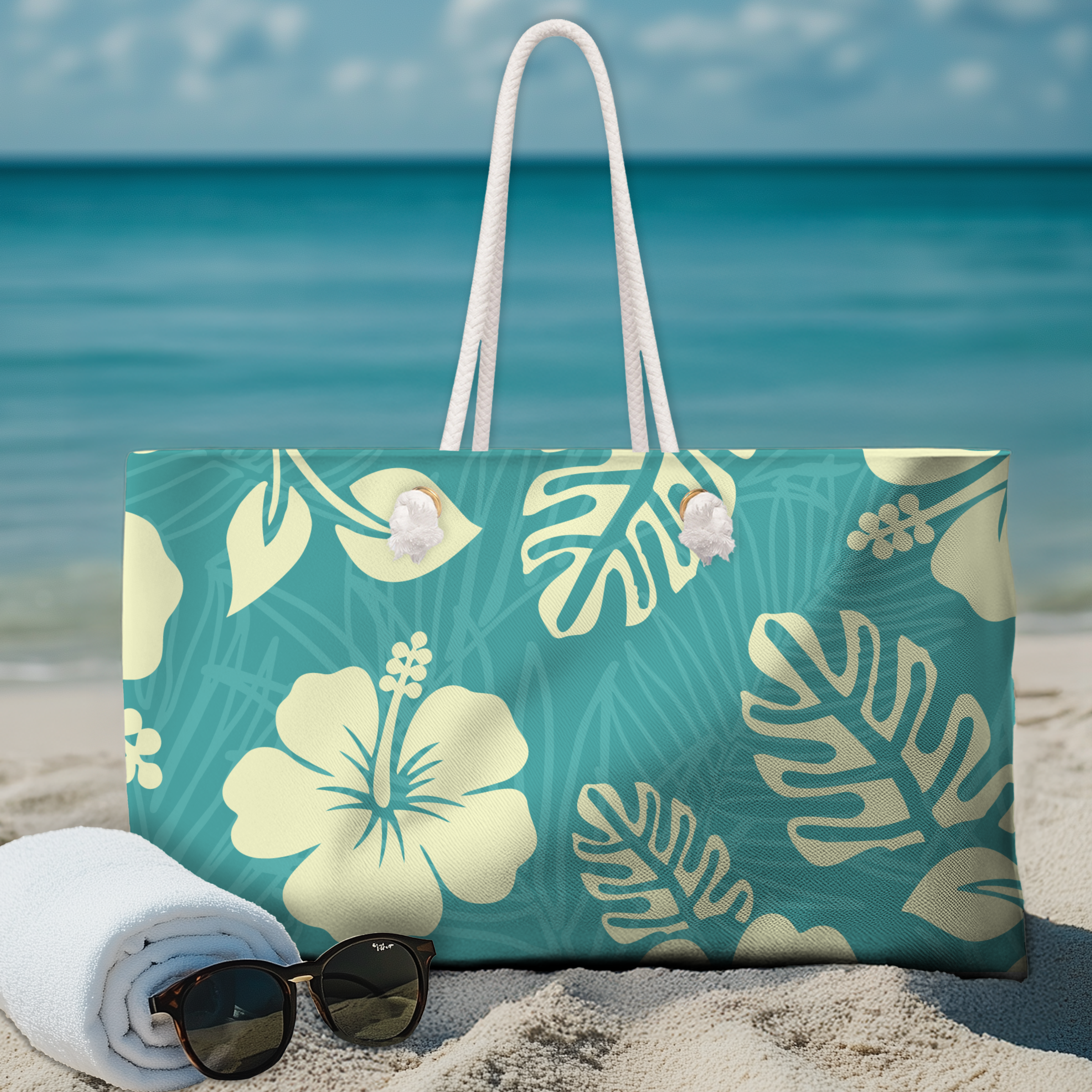 Teal Tropical Hibiscus Weekender Bag