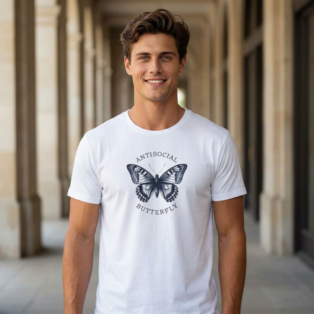 Man wearing a white t-shirt with a butterfly graphic and text, standing in an outdoor setting.