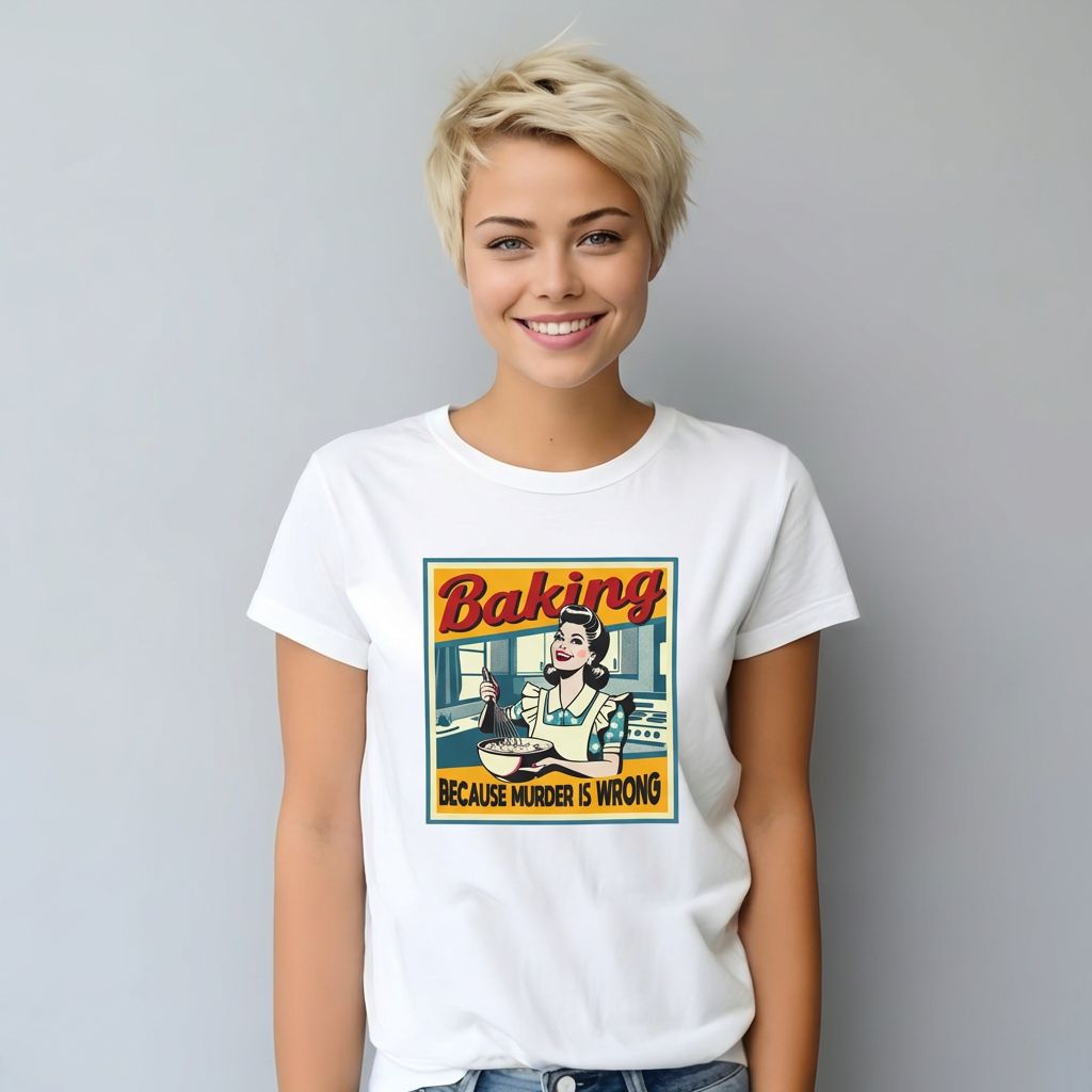 Woman wearing a white t-shirt with a graphic design and text.