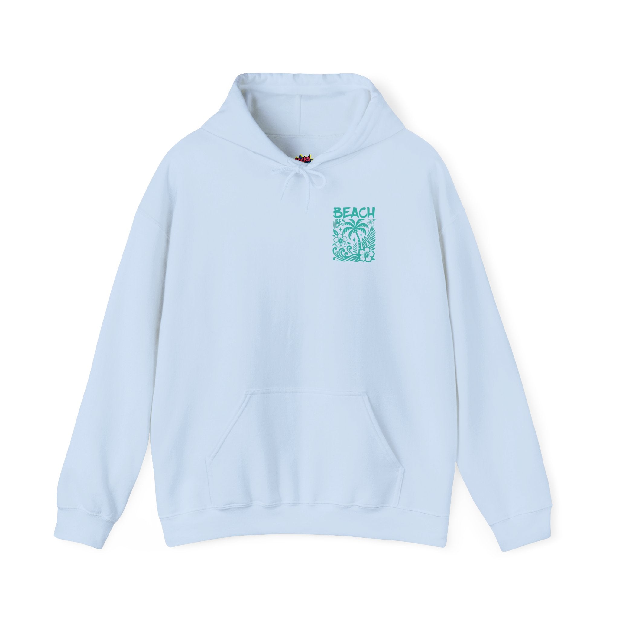 Light blue hoodie with a teal beach with hibiscus and palm tree graphic on a white background