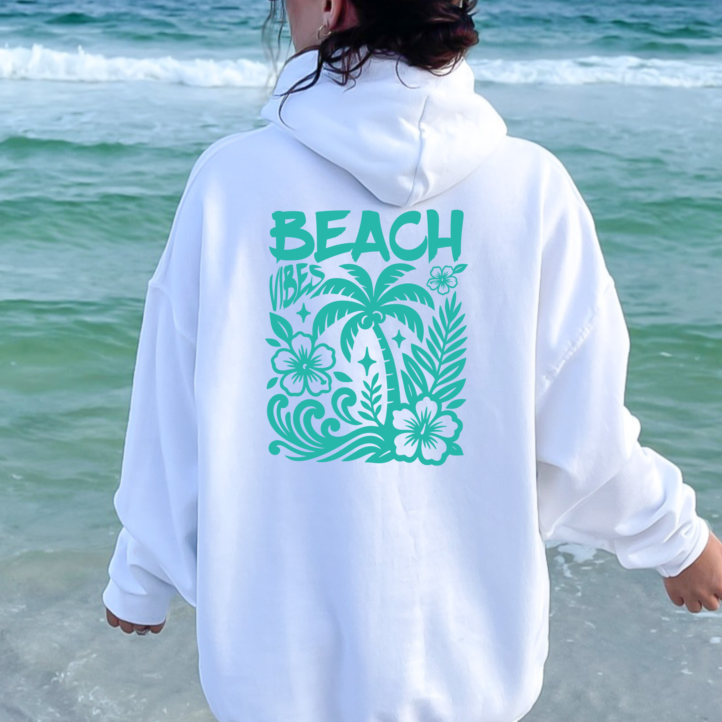 Model wearing white beach vibes hoodie