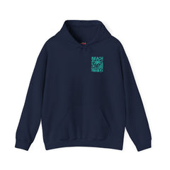 Navy blue hoodie with a beach vibes palm tree graphic on the chest against a white background
