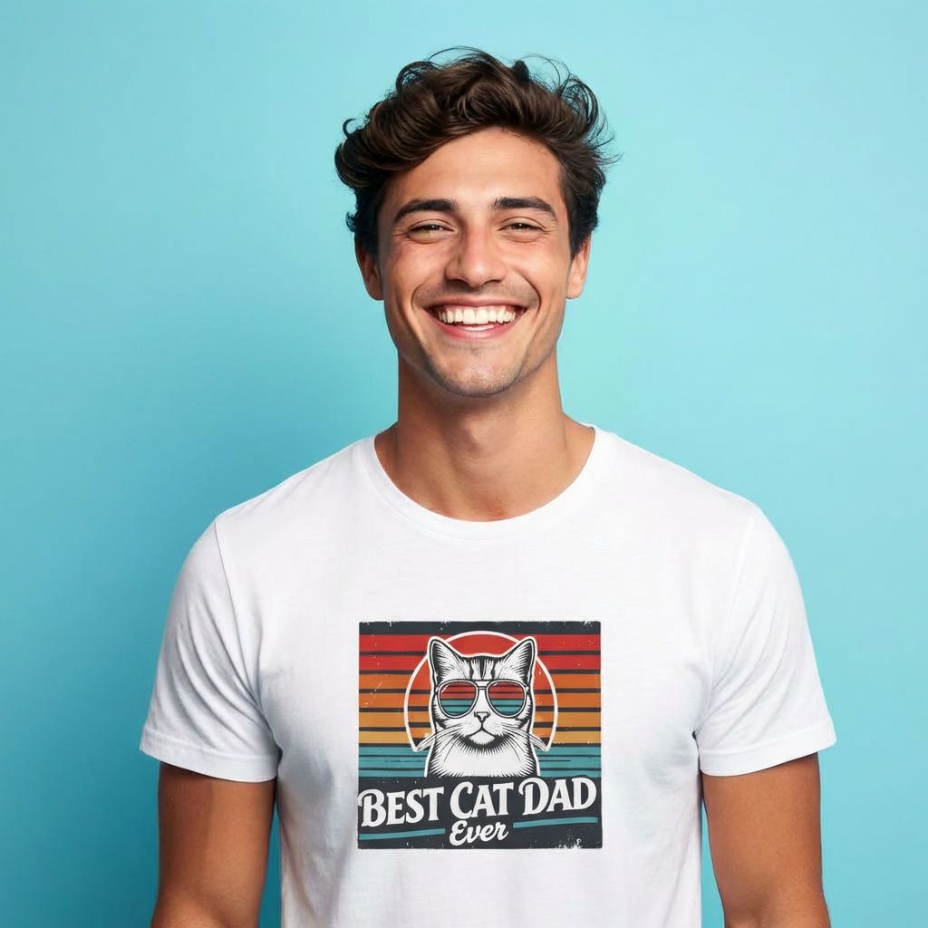 Man wearing a white t-shirt with a cat graphic and text on a blue background