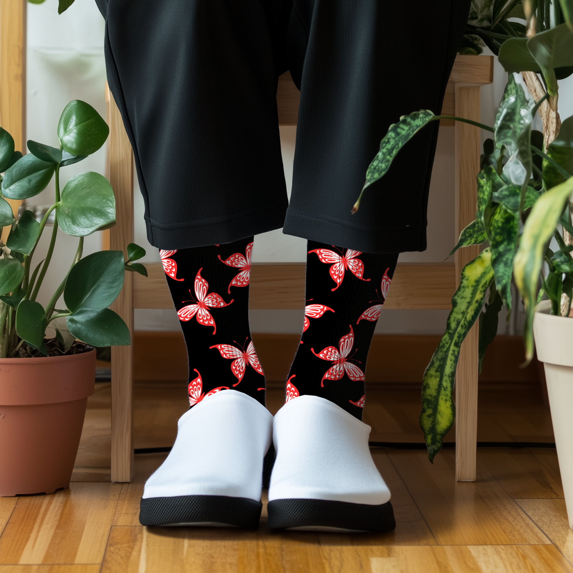 Person wearing black socks with red butterfly pattern and white shoes indoors.