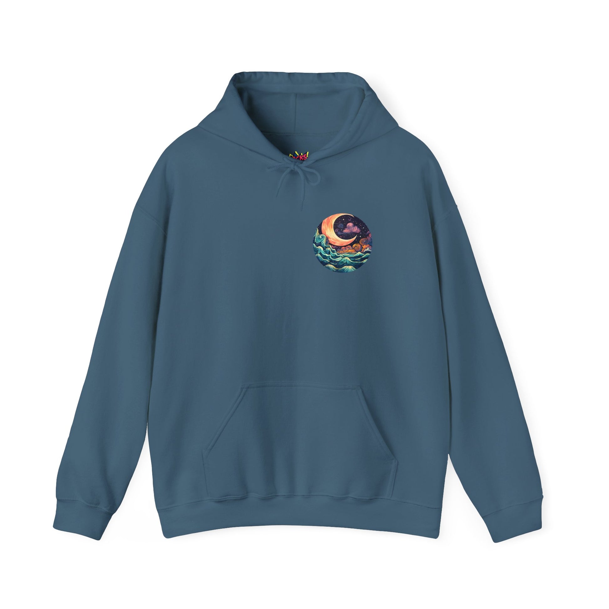 Blue hoodie with a colorful graphic on the chest against a white background