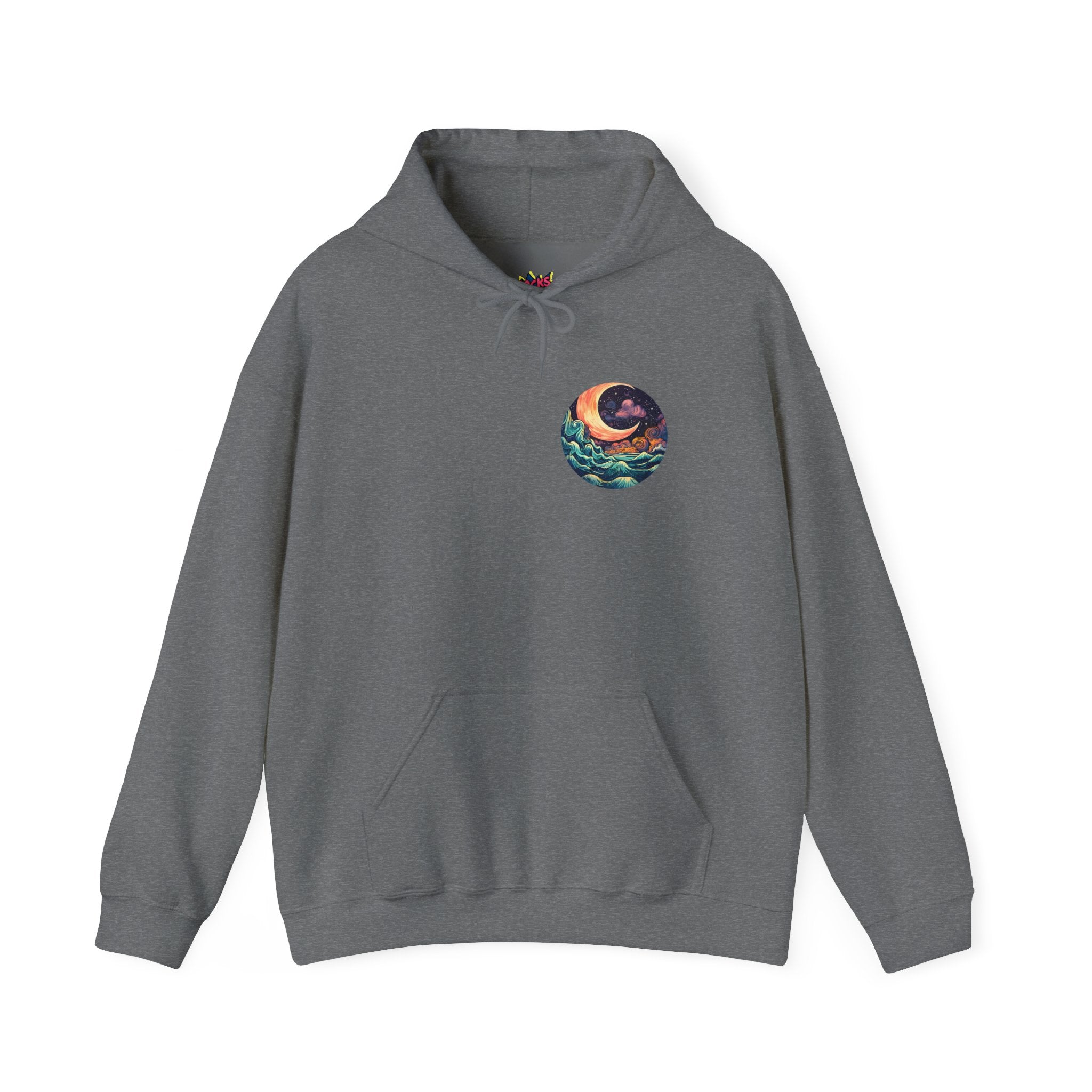Gray hoodie with a colorful graphic on the chest against a white background