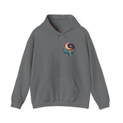 Gray hoodie with a colorful graphic on the chest against a white background
