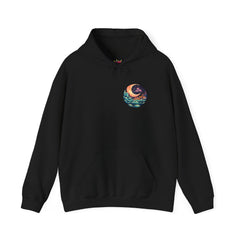 Black hoodie with a colorful graphic on the chest against a white background
