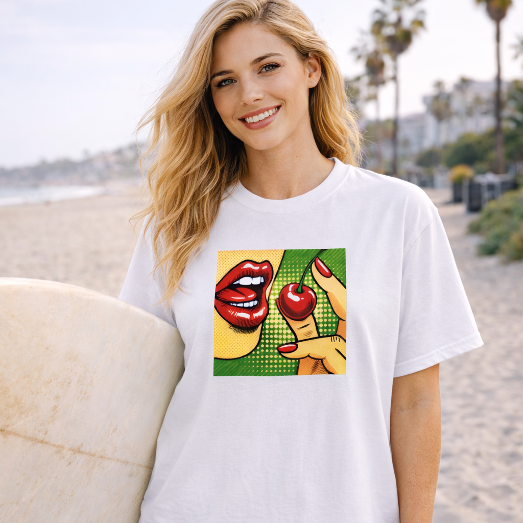 Woman wearing a white t-shirt with a colorful graphic design on a beach.