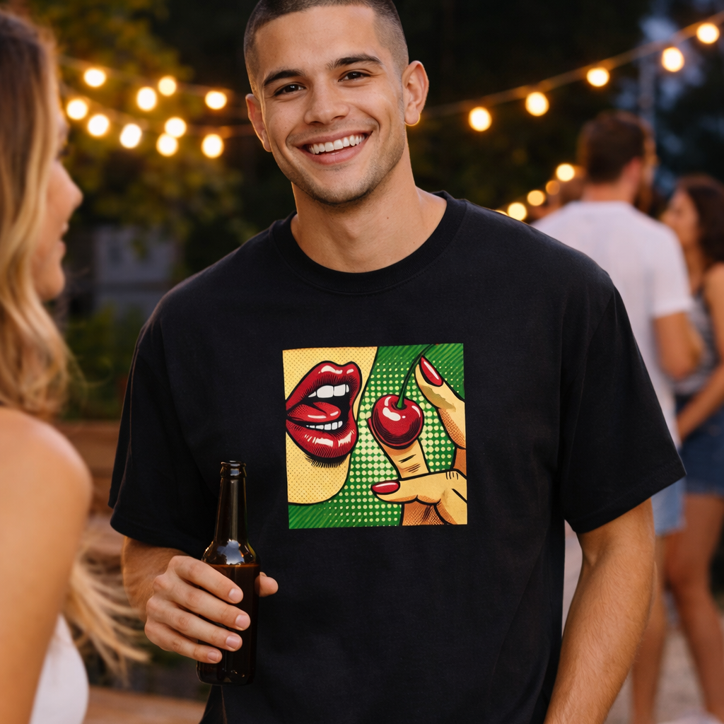 Man wearing a black t-shirt with colorful graphic design, holding a beer, standing outdoors with people and string lights in the background.