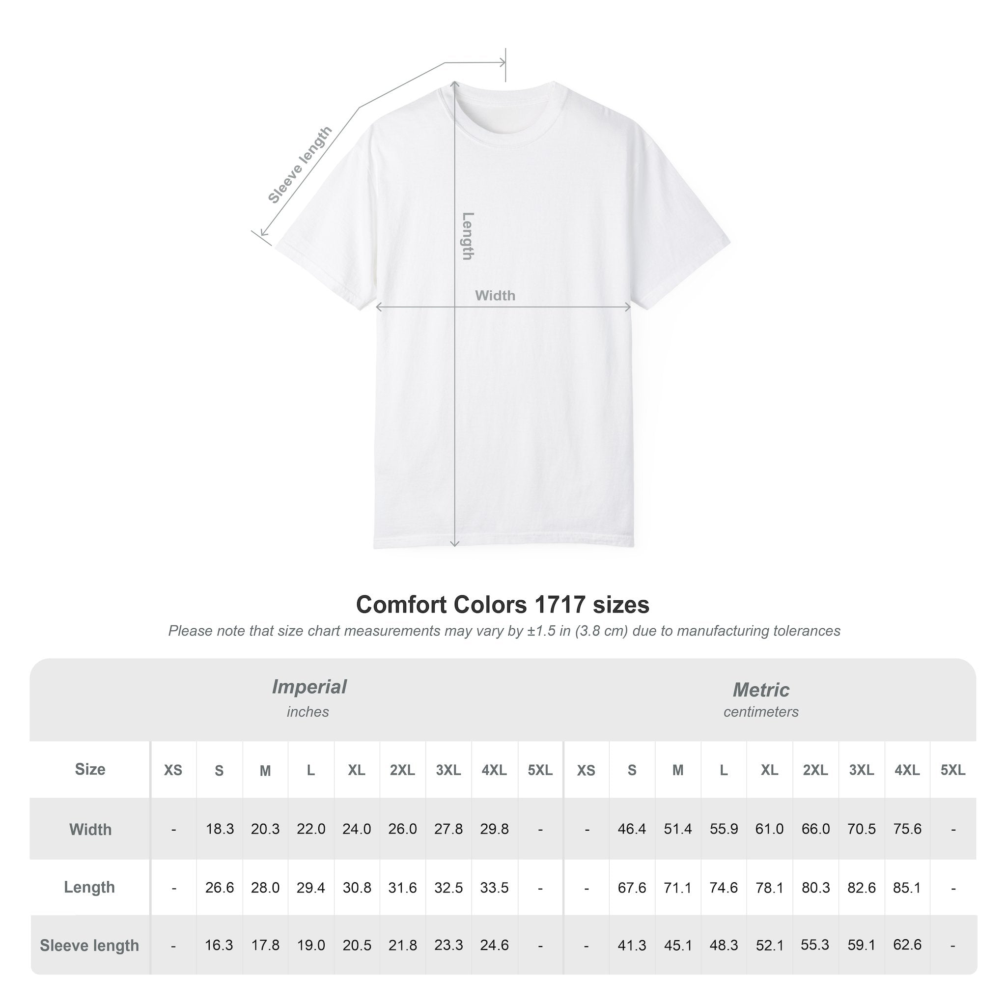 White Comfort Colors t-shirt with measurement chart on a white background