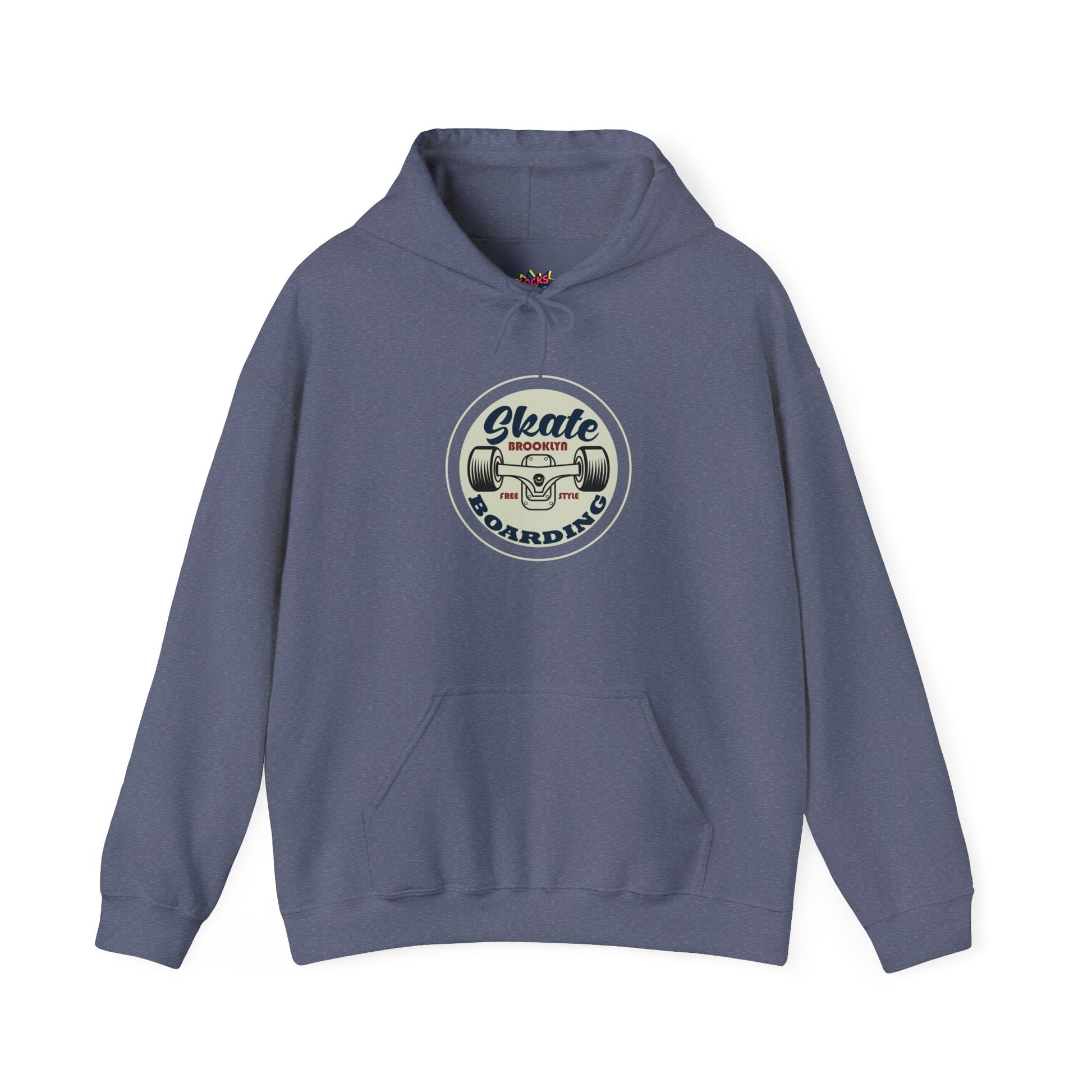 Blue hoodie with a graphic skate logo design on a white background