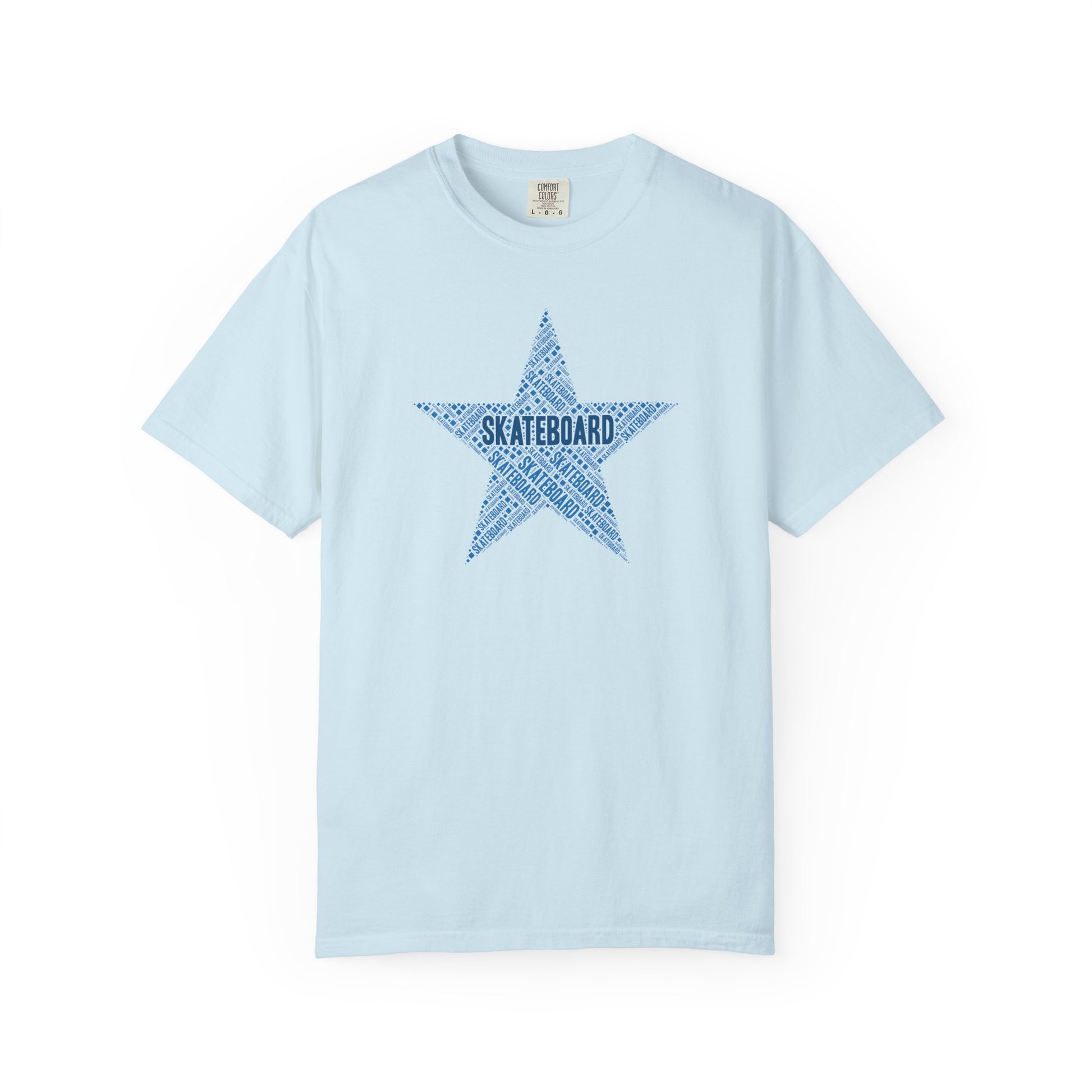 Light blue t-shirt with a star-shaped 'Skateboard' design on a white background
