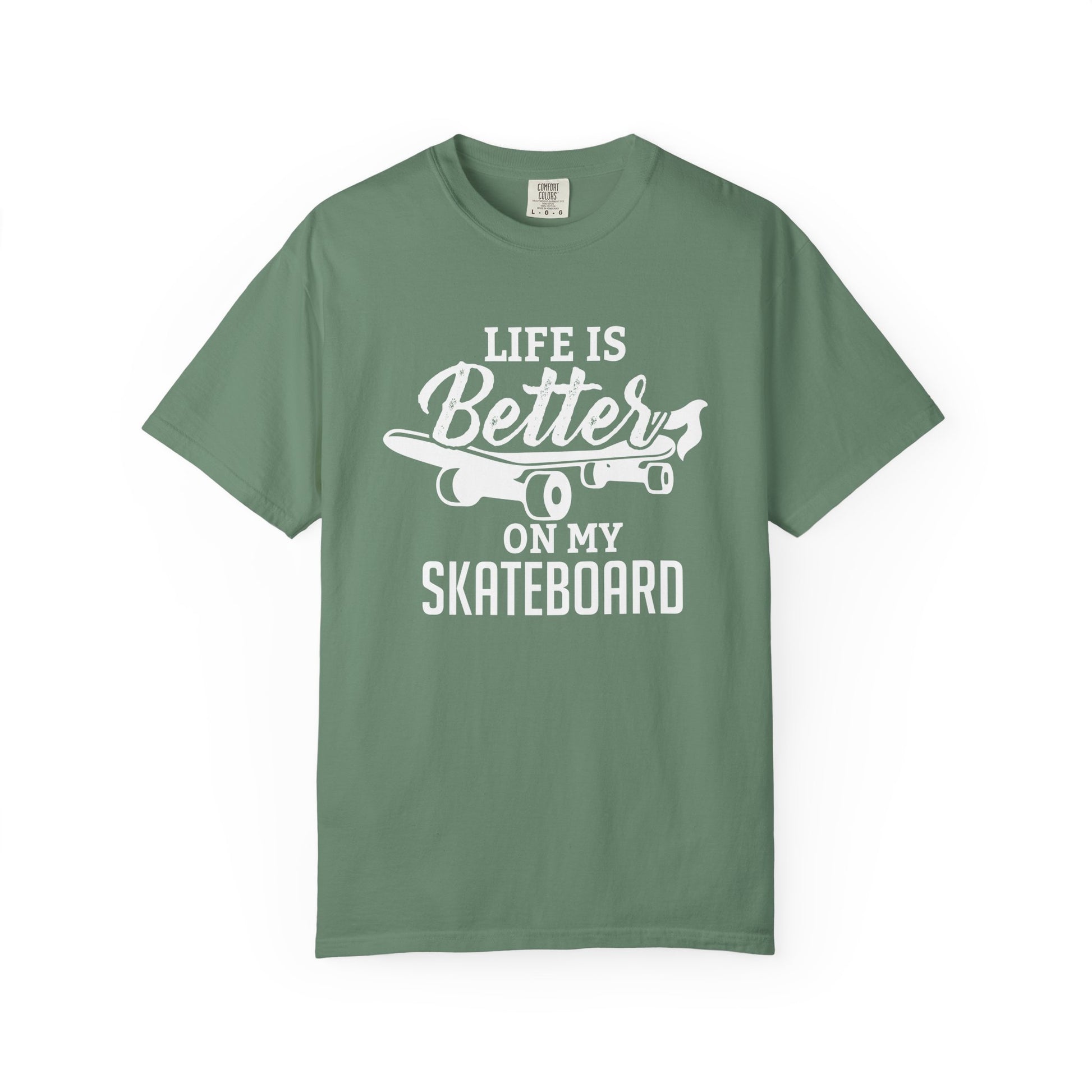 Green t-shirt with 'Life is Better on My Skateboard' text and graphic on a white background