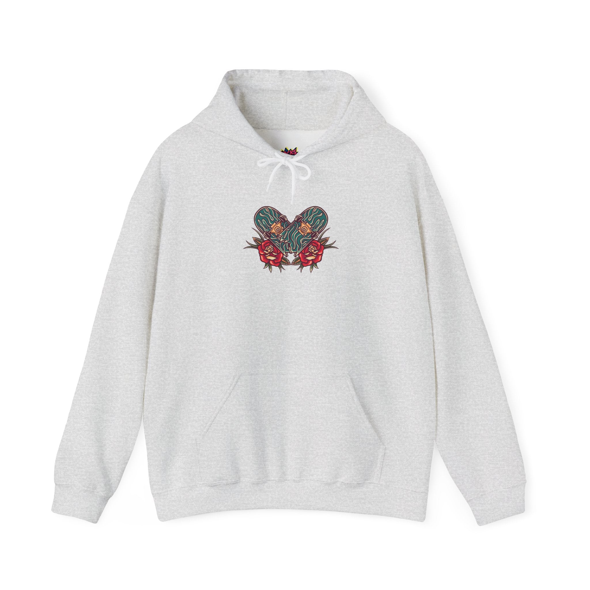 Gray hoodie with skateboard and floral heart design.