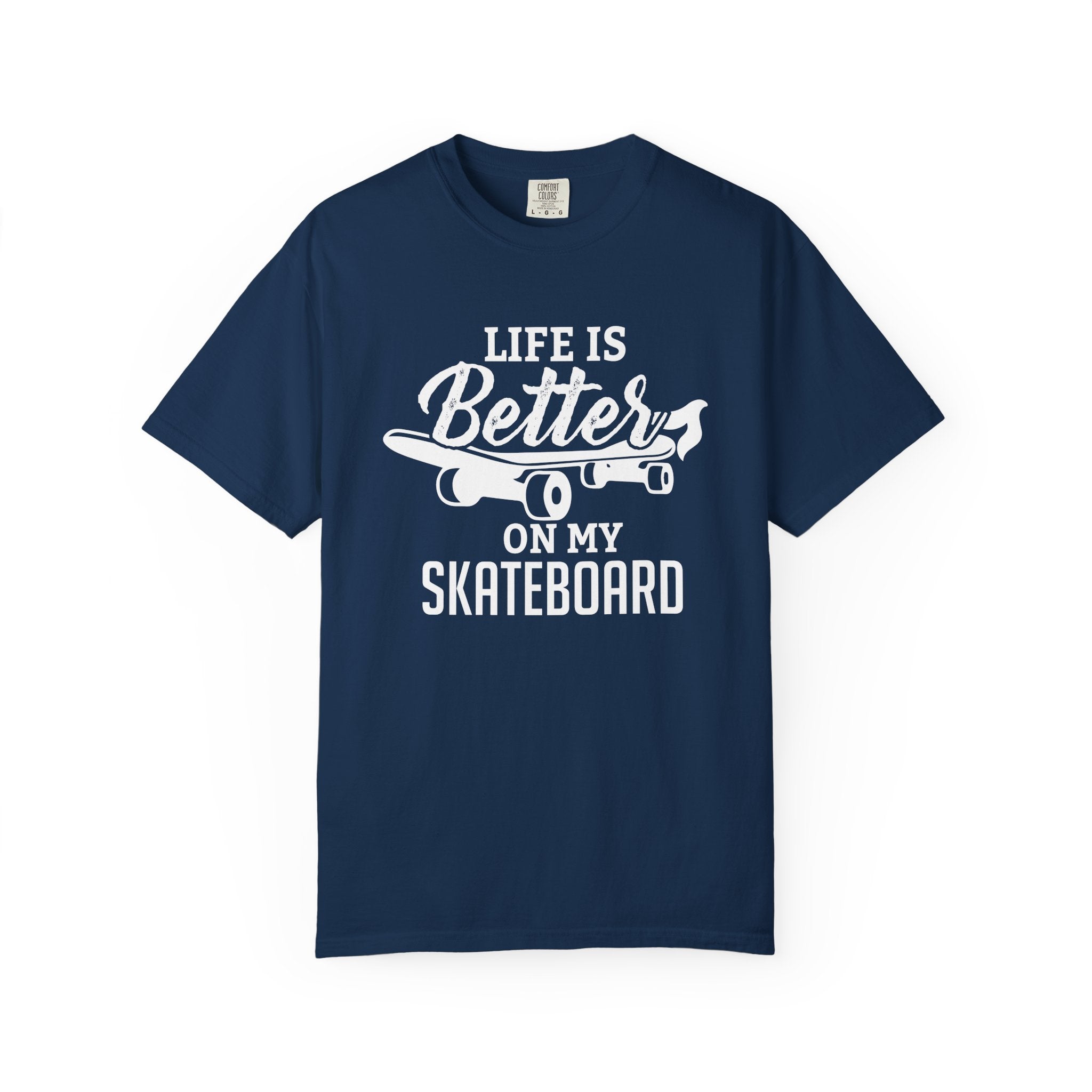 Navy blue t-shirt with white text and graphic on a white background