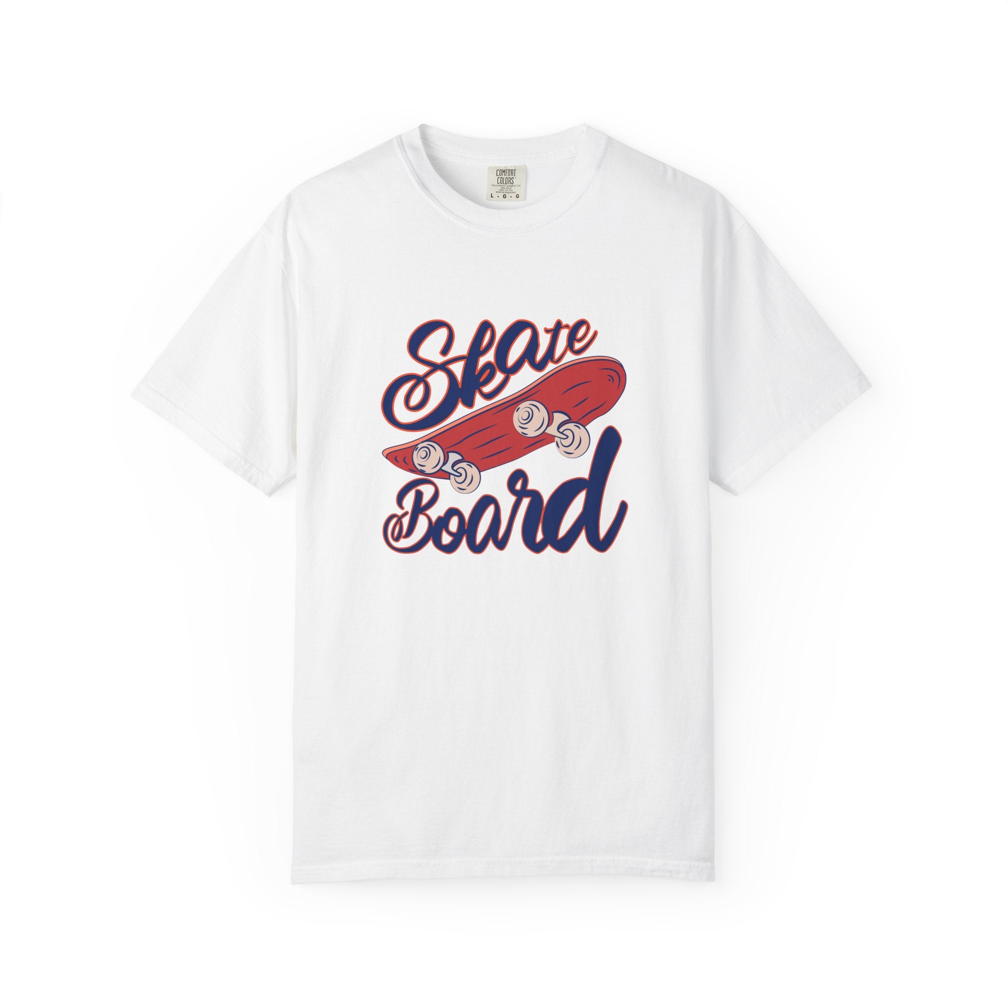 White t-shirt with a red skateboard graphic and blue text on a white background