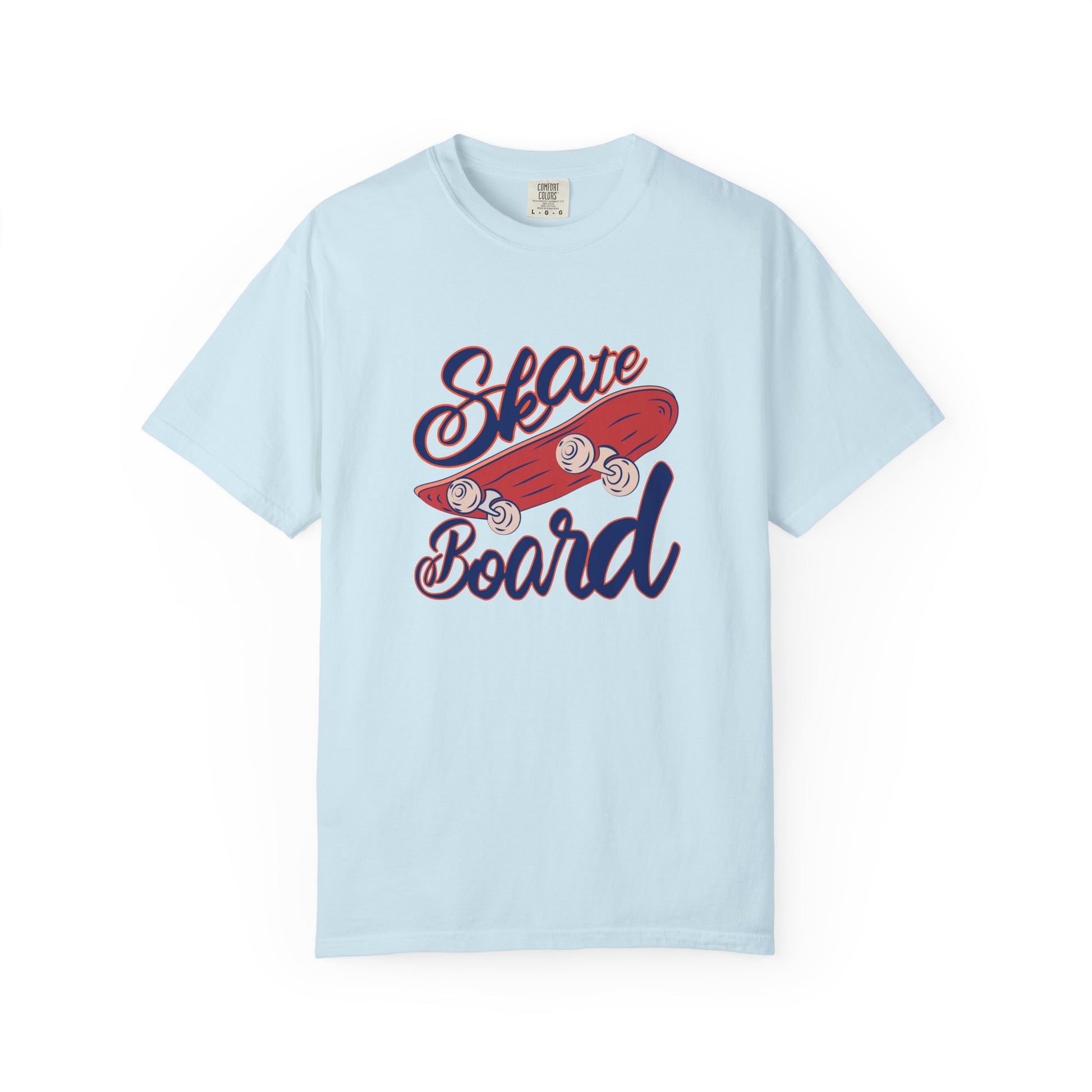 Light blue t-shirt with a red skateboard graphic and text on a white background