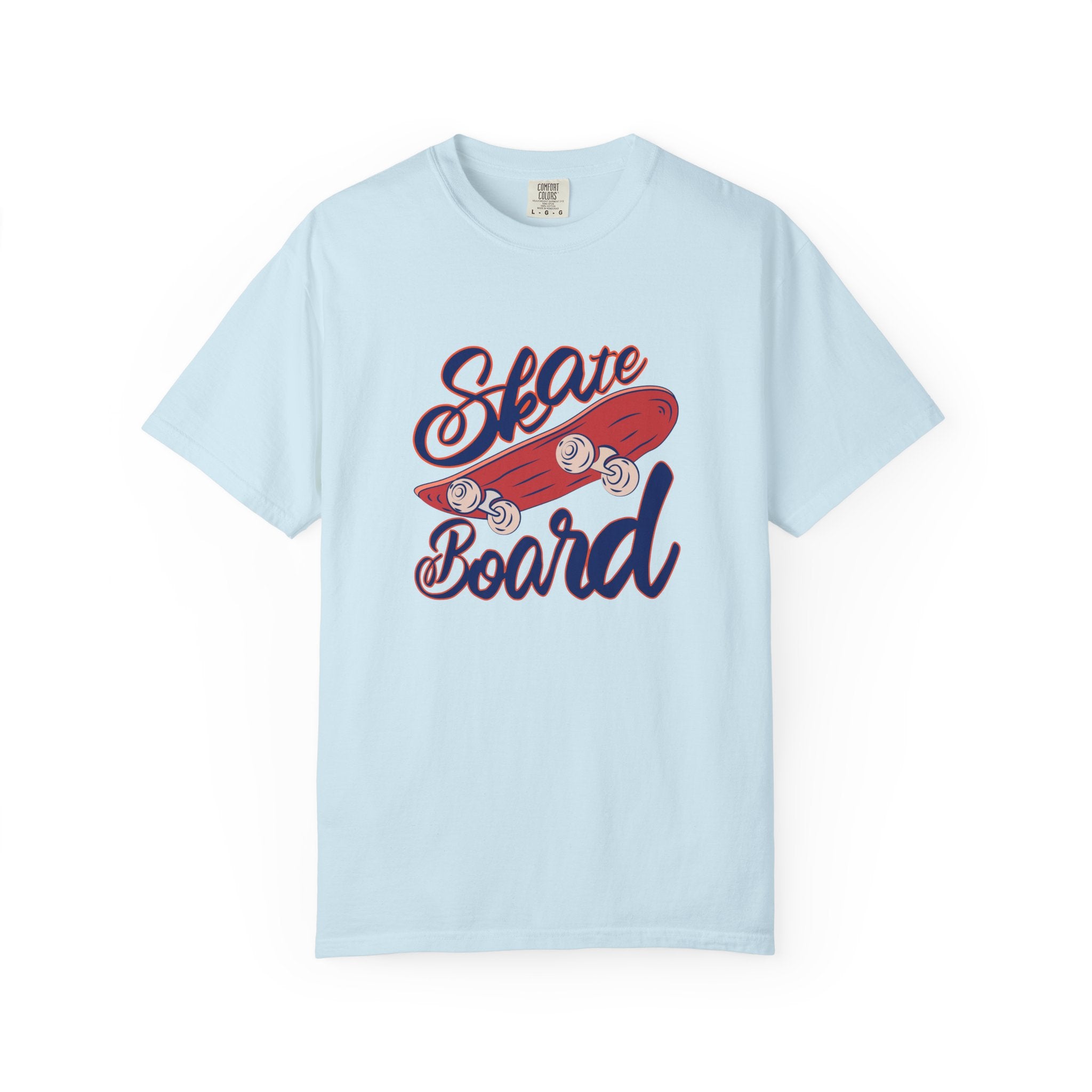 Light blue t-shirt with a red skateboard graphic and text on a white background