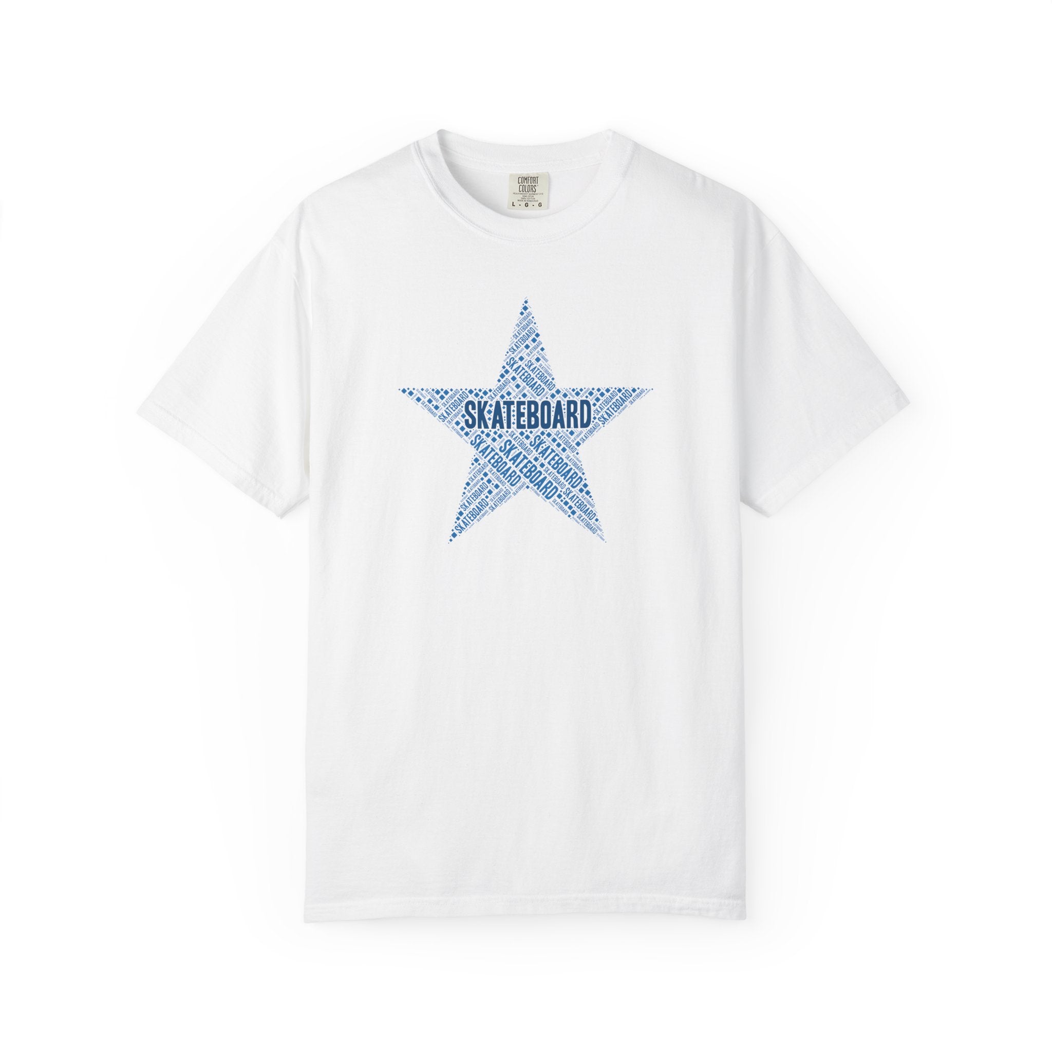 White t-shirt with blue star graphic and 'Skateboard' text on a white background