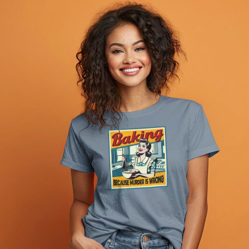 A woman wearing a shirt that says, "Baking because murder is wrong"