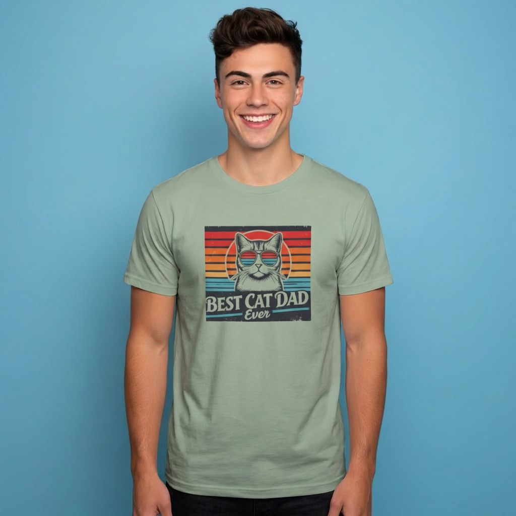 Man wearing a green t-shirt with a cat graphic and text on a blue background