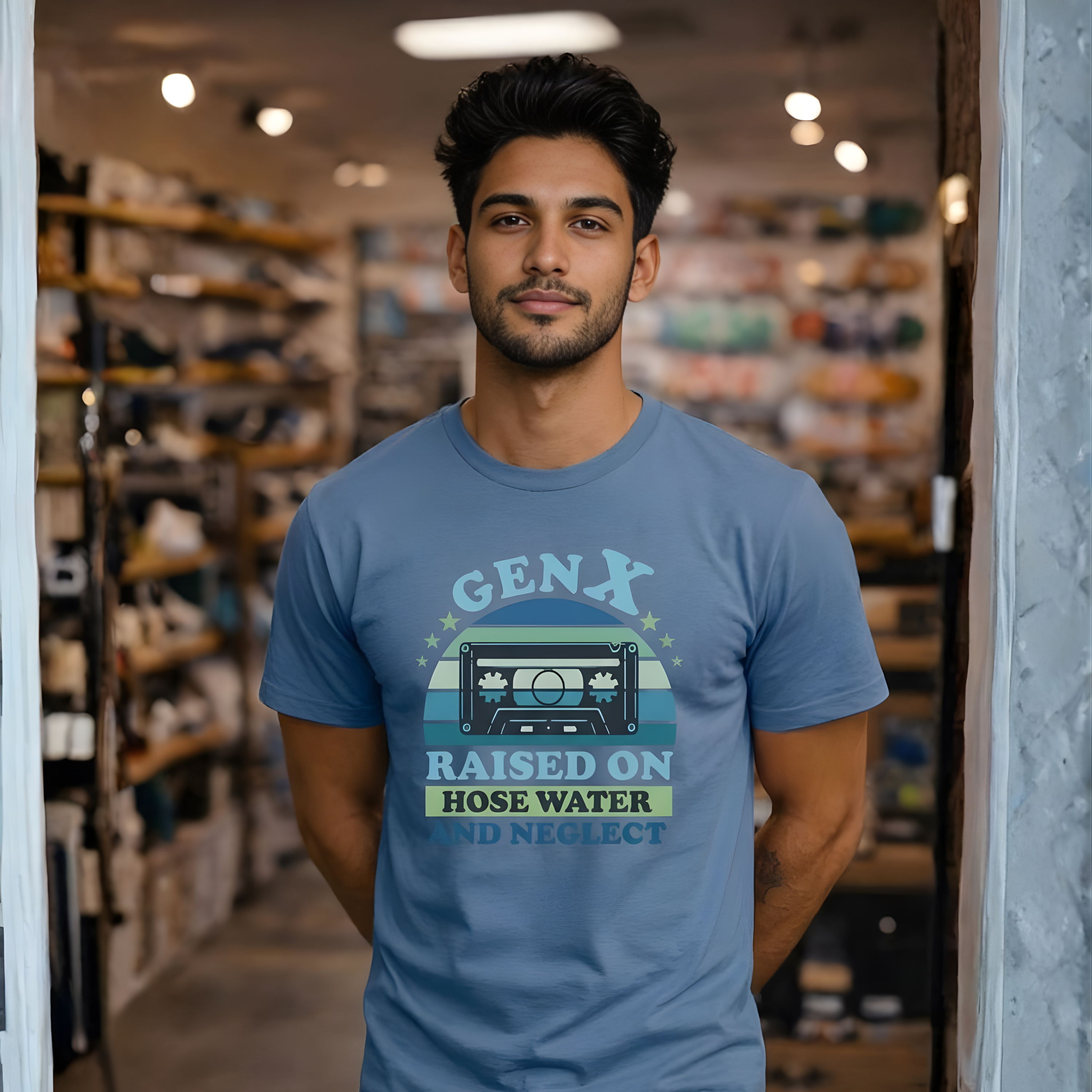 Man wearing a blue t-shirt with graphic design in a store setting