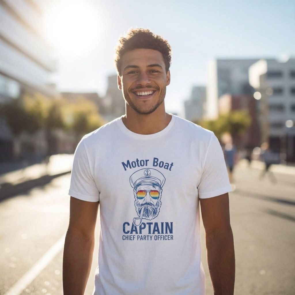 Man wearing a white t-shirt with a 'Motor Boat Captain' design on a city street.