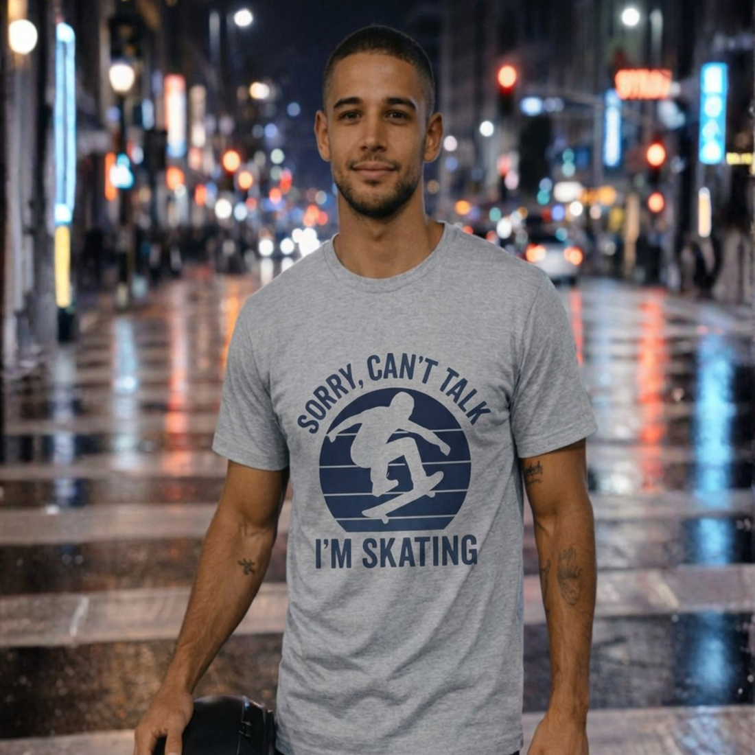 Man holding a skateboard wearing a light blue t-shirt with a graphic design and text, standing in front of a colorful graffiti wall.
