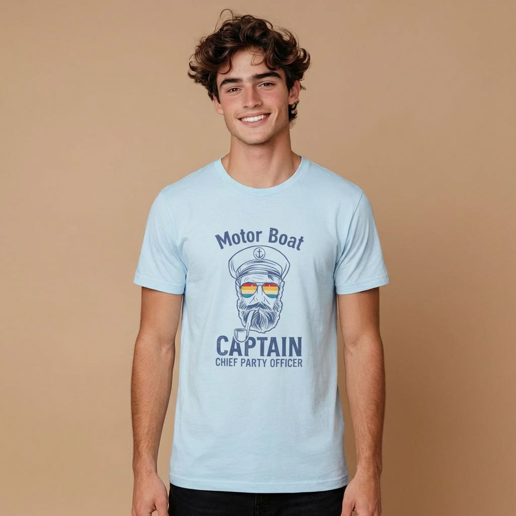 Person wearing a light blue t-shirt with a 'Motor Boat Captain' graphic on a beige background
