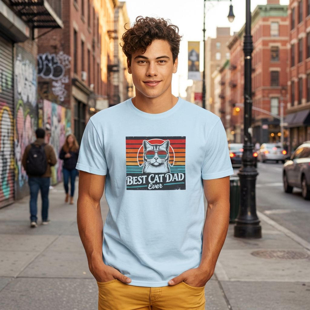 Man wearing a light blue t-shirt with a cat graphic and text on a city street.