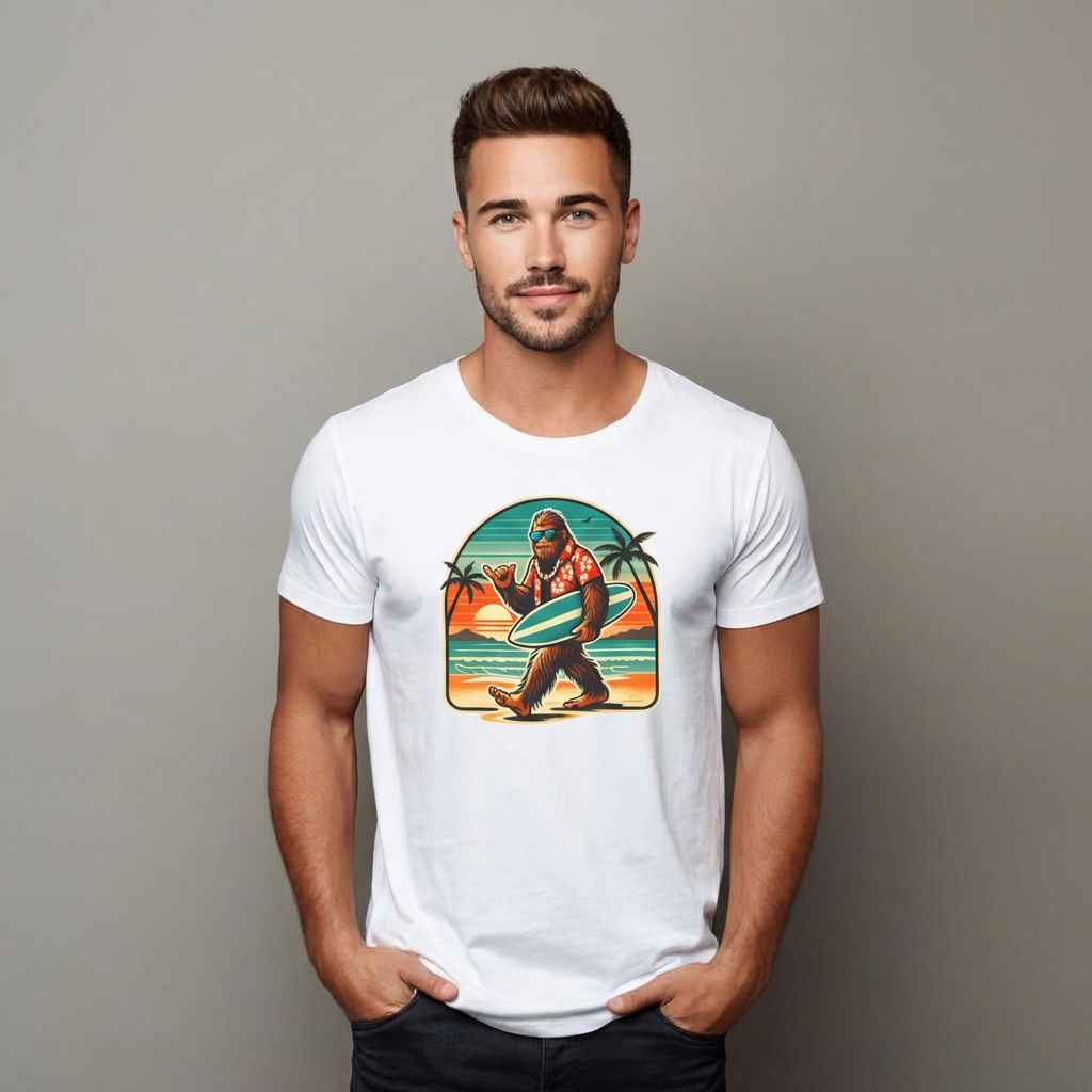 Man wearing a white t-shirt with a graphic design of a sasquatch holding a surfboard on a gray background