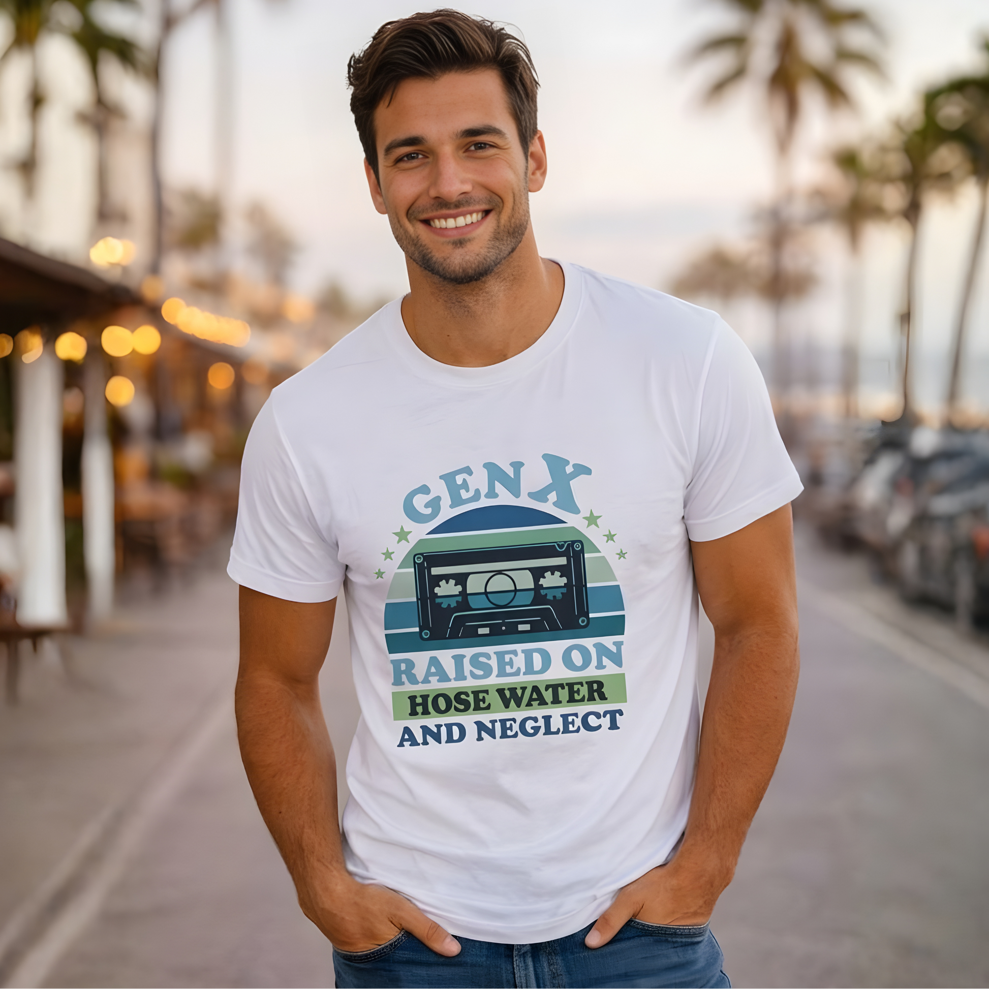 Man wearing a white t-shirt with a graphic design on a street with palm trees in the background