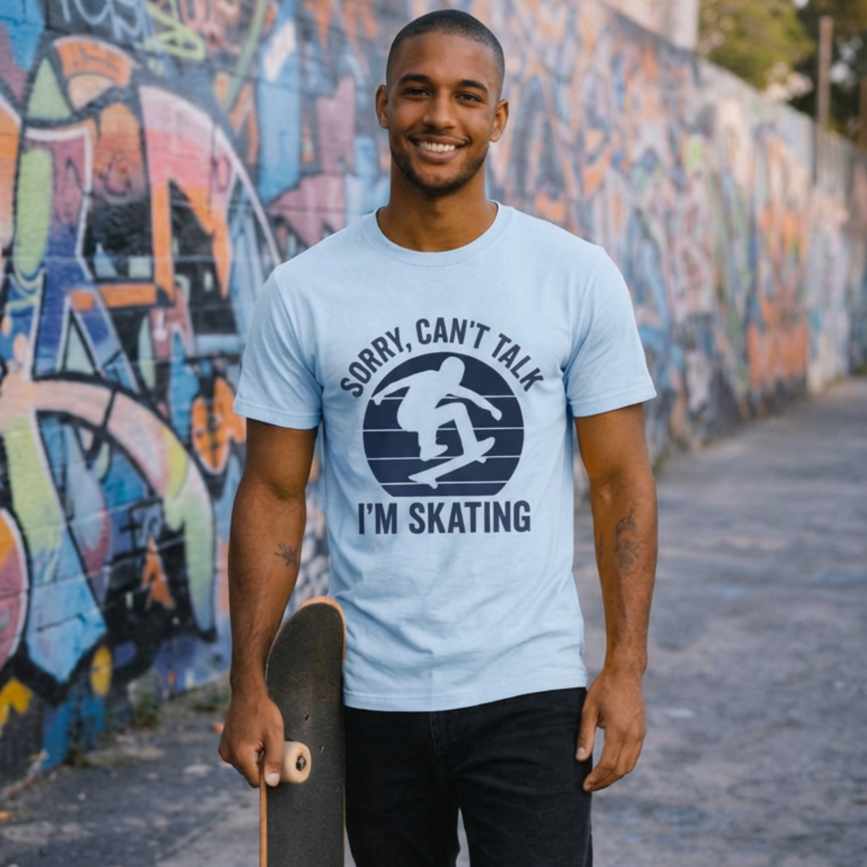 Man holding a skateboard wearing a light blue t-shirt with a graphic design and text, standing in front of a colorful graffiti wall.