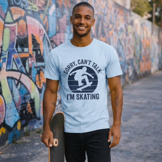 Man holding a skateboard wearing a light blue t-shirt with a graphic design and text, standing in front of a colorful graffiti wall.