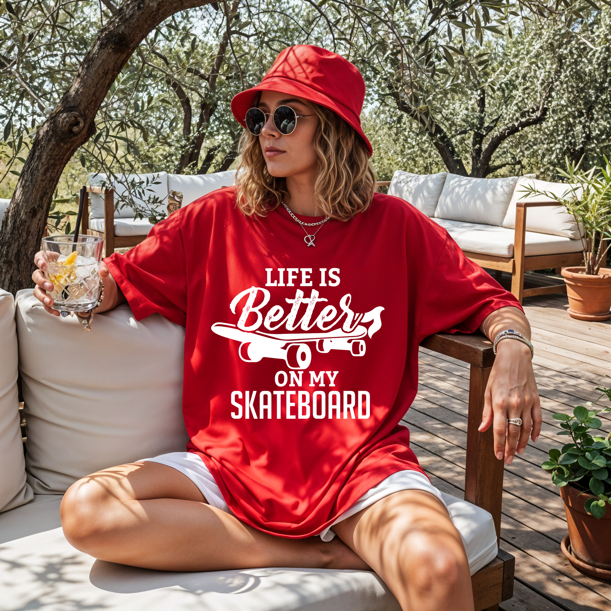 Person wearing a red shirt with 'Life is Better on my Skateboard' text, sitting outdoors.