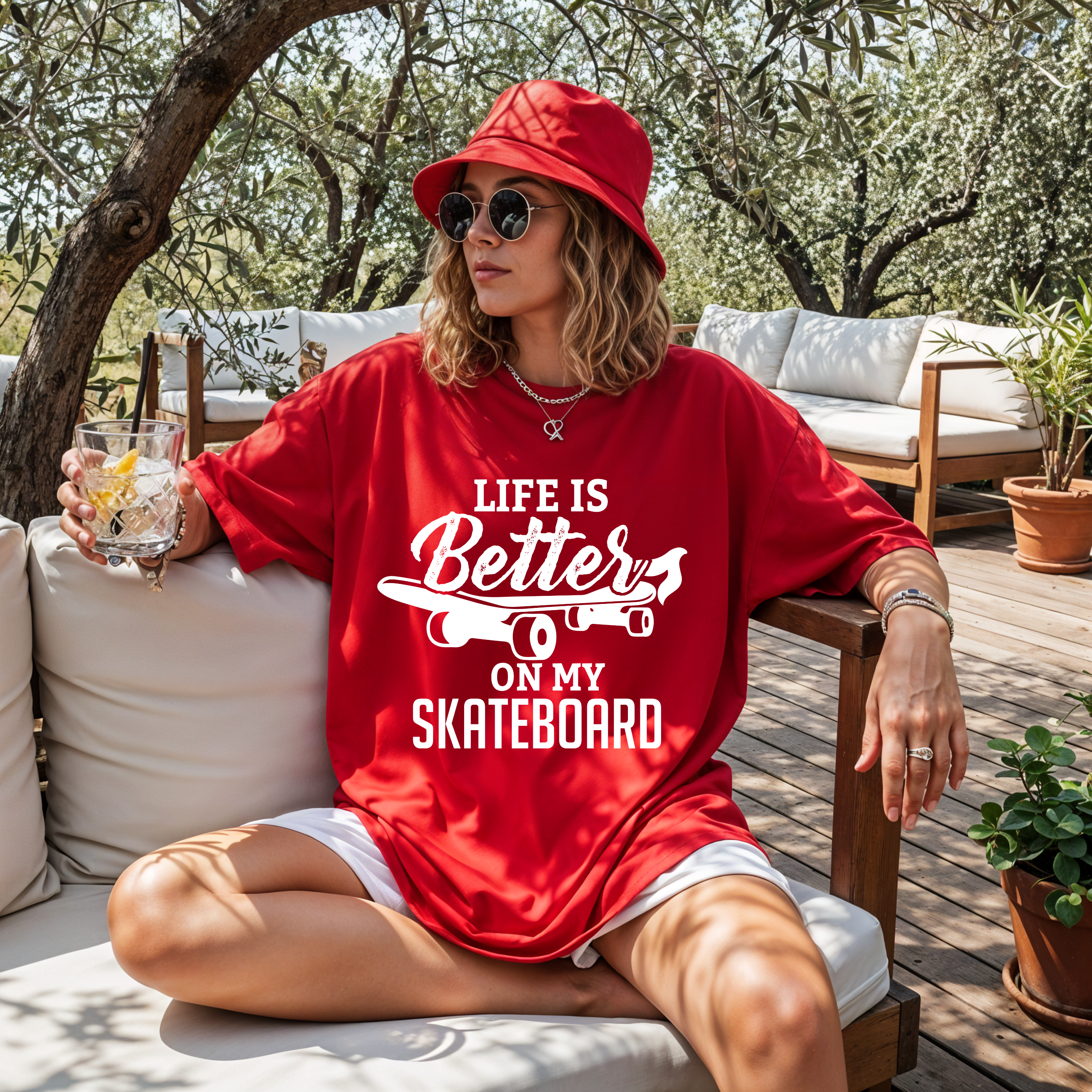 Person wearing a red shirt with 'Life is Better on my Skateboard' text, sitting outdoors.