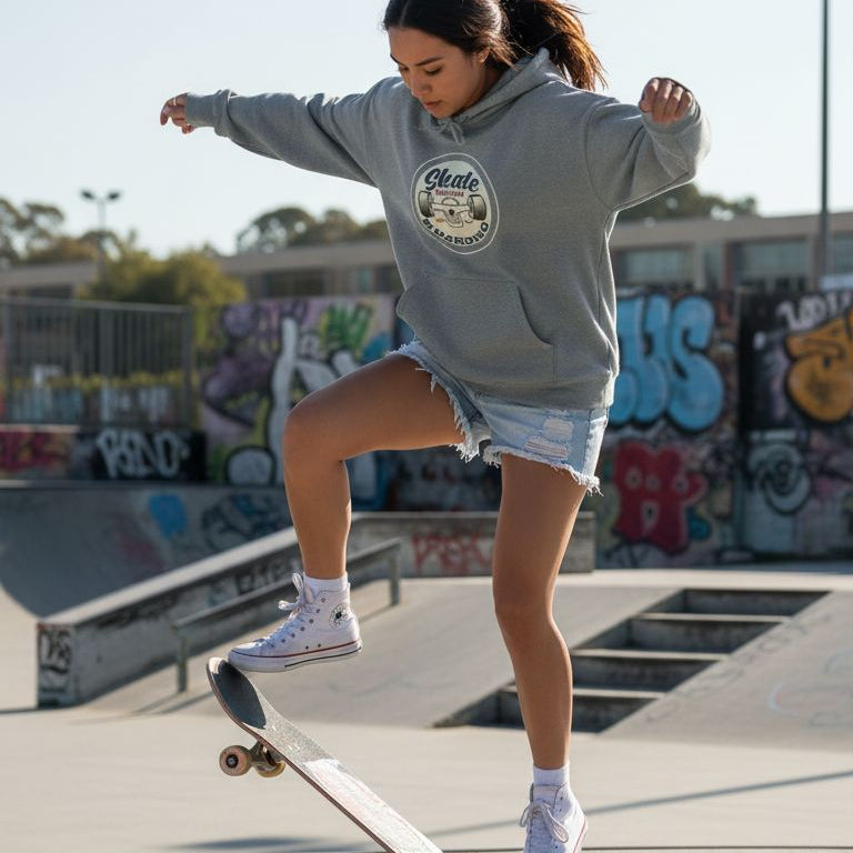 Person skateboarding in a skate park wearing a graphite heather skate hoodie with graffiti in the background