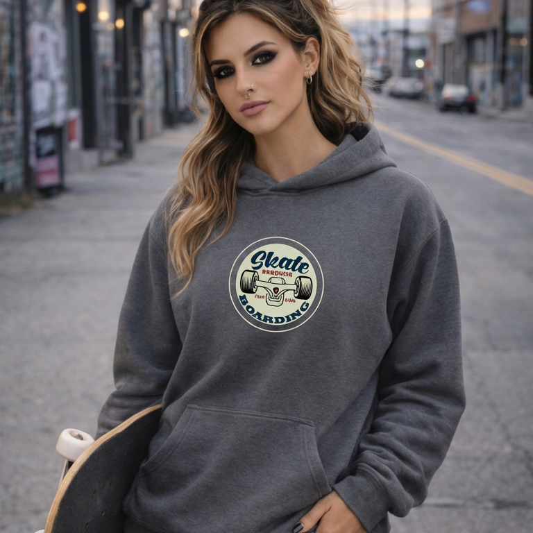 Woman wearing a gray skate hoodie with a logo on a city street