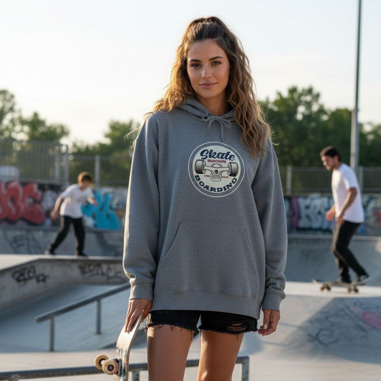 Woman in a gray hoodie with a skateboard logo at a skate park