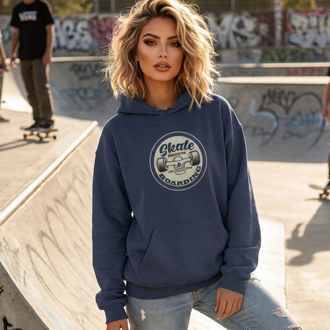 Woman in a heather blue skater hoodie and jeans standing on a skateboard at a skate park.