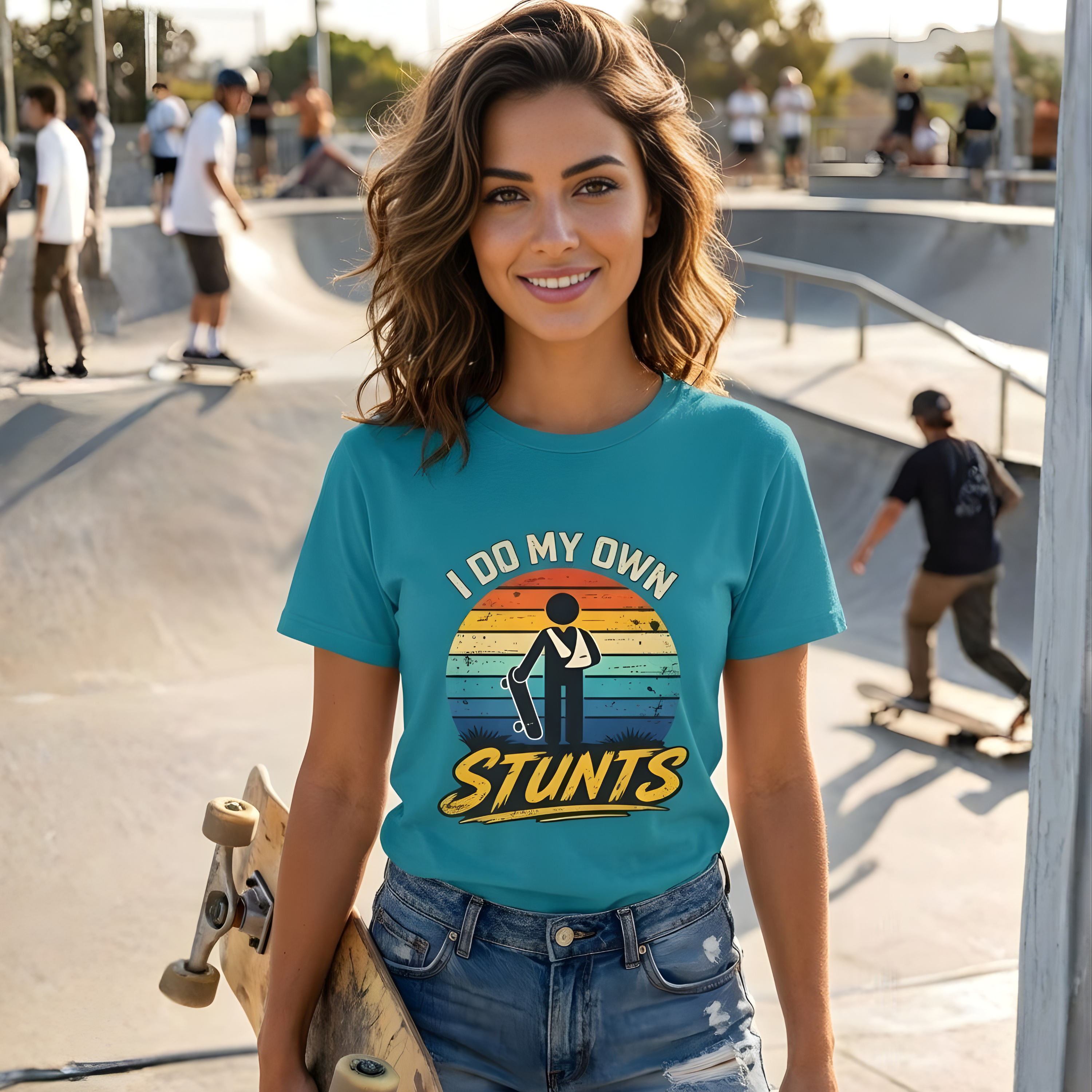 Woman wearing a blue t-shirt with a graphic design at a skate park.