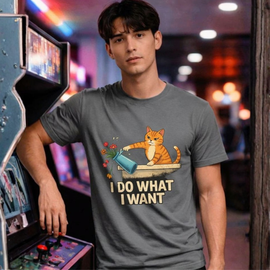 Person wearing a t-shirt with a cat graphic and text in an arcade setting