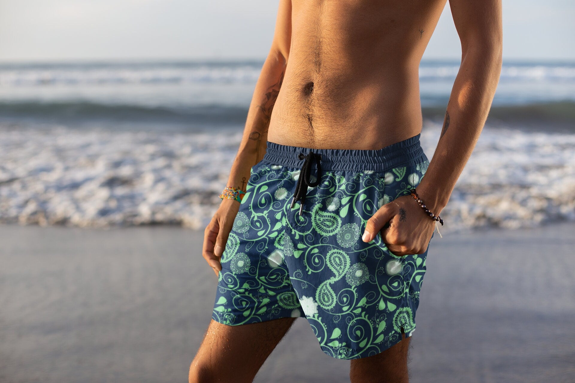 Men's Green Paisley Swim Shorts Mid