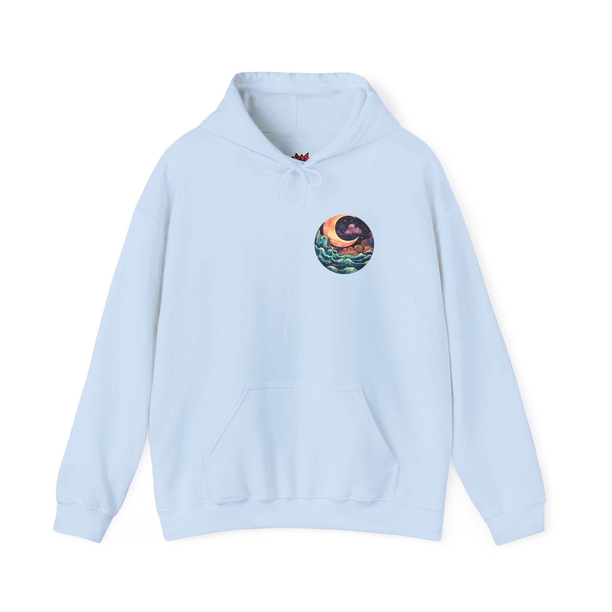 Light blue hoodie with a colorful graphic on the chest against a white background