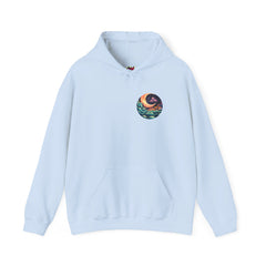 Light blue hoodie with a colorful graphic on the chest against a white background