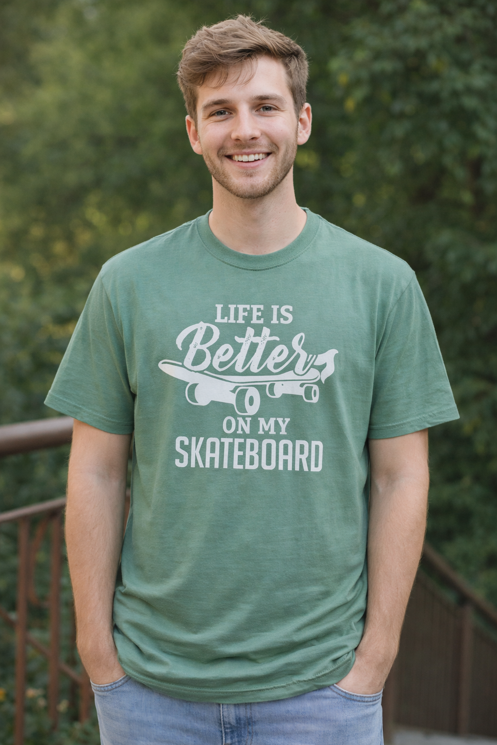Man wearing a green t-shirt with 'Life is Better on My Skateboard' text